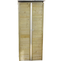 Hoge, smalle houten tuinkast met dubbele deuren en horizontale latten.