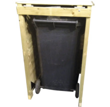 Kliko-ombouw van licht hout met een zwarte afvalcontainer.