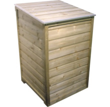 Houten tuinopbergbox met schuin deksel en horizontale lamellen.