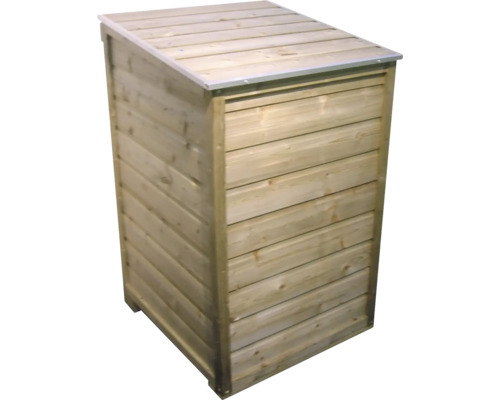 Houten tuinopbergbox met schuin deksel en horizontale lamellen.