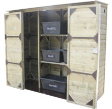 Geopende houten afvalbak voor afvalscheiding met drie legplanken en kunststof bakken voor plastic, glas en papier.