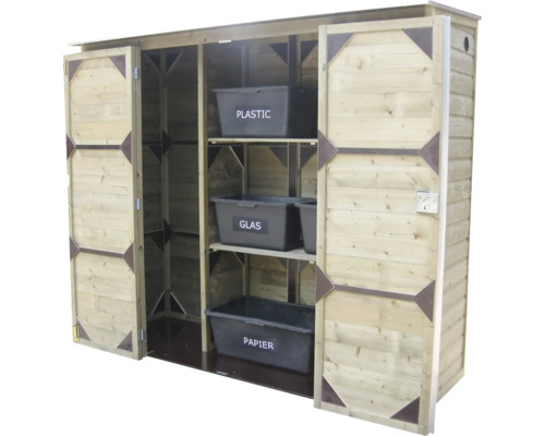 Geopende houten afvalbak voor afvalscheiding met drie legplanken en kunststof bakken voor plastic, glas en papier.