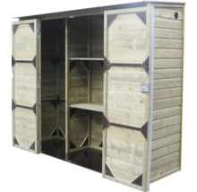 Houten tuinkast met twee open deuren, interne planken en een slot.