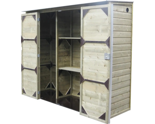 Houten tuinkast met twee open deuren, interne planken en een slot.