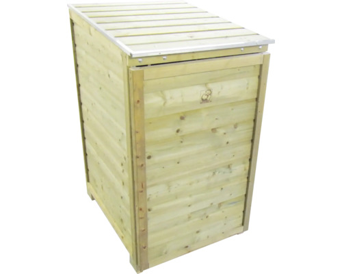 Houten afvalcontainerbox voor één container met een klapdeksel en een voordeur.