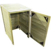 Houten kliko-ombouw met één geopende deur en horizontale latten.