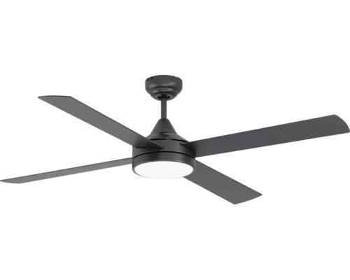 Plafondventilator met vier bladen en geïntegreerde lamp in het zwart.
