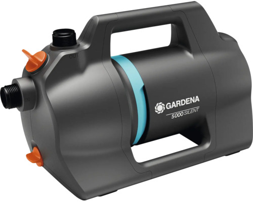 Gardena tuinpomp 5000 Silent met handgreep en aansluitingen voor irrigatie.