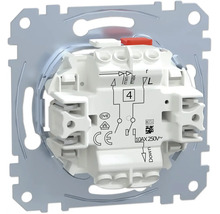 Achteraanzicht van een inbouw lichtschakelaar basiselement van kunststof en metaal met aansluitschema en keurmerken voor 10AX 250 Volt.