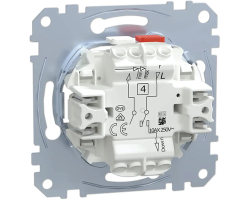 Achteraanzicht van een inbouw lichtschakelaar basiselement van kunststof en metaal met aansluitschema en keurmerken voor 10AX 250 Volt.