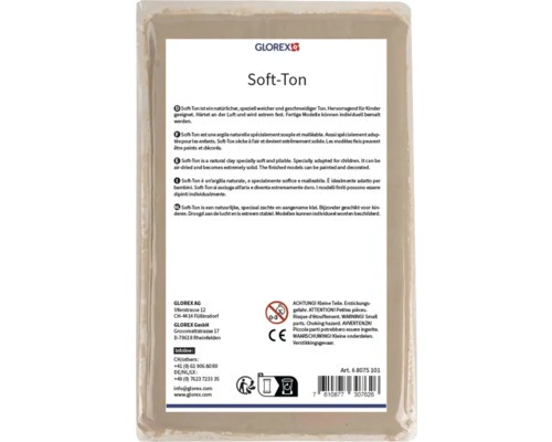 Glorex Soft-Ton luchtdrogende boetseerklei in plastic verpakking met Glorex Logo, CE-markering en waarschuwing voor kinderen onder de 3 jaar.