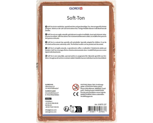 Achterkant van de verpakking van Glorex Soft-Ton natuurlijke luchtdrogende boetseerklei met productinformatie en veiligheidssymbolen.