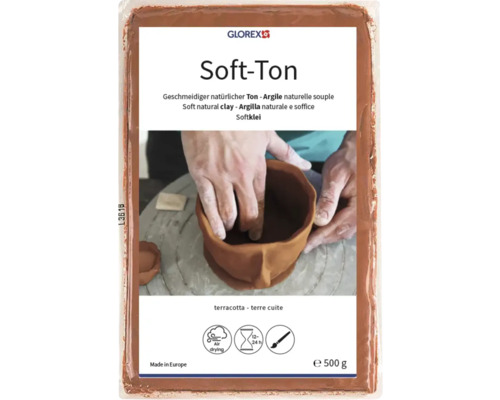 Glorex Soft-Ton, soepele natuurlijke klei in terracotta, luchtdrogend in 12 tot 24 uur, overschilderbaar, 500 gram verpakking.