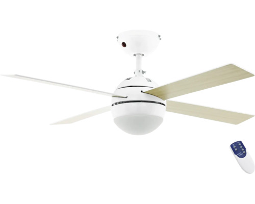 Plafondventilator met vier bladen in wit en houtlook, inclusief geïntegreerde lamp en afstandsbediening.