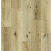 Vloerbedekking in houtlook met natuurlijke houtnerven en noesten in licht eiken design.