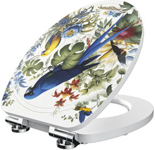 Toiletbril met deksel, tropisch ontwerp met vogels, bladeren en bloemen, verchroomde metalen scharnieren.