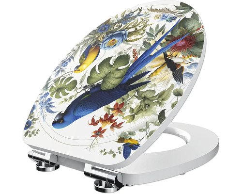 Toiletbril met deksel, tropisch ontwerp met vogels, bladeren en bloemen, verchroomde metalen scharnieren.