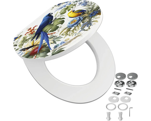 Toiletzitting met deksel, tropisch motief met papegaaien en bloemen, inclusief montageset.