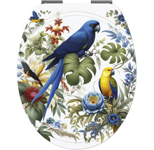 Toiletzitting met een kleurrijk motief van papegaaien en tropische planten.