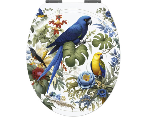 Toiletzitting met een kleurrijk motief van papegaaien en tropische planten.