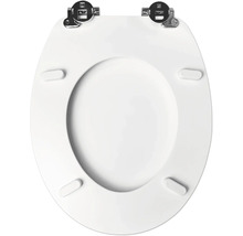 Onderzijde van een witte toiletbril met metalen scharnieren en vier buffers.