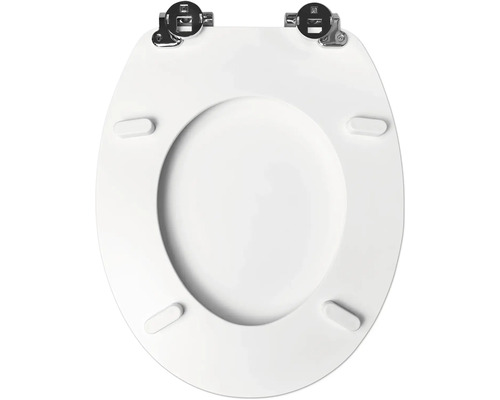 Onderzijde van een witte toiletbril met metalen scharnieren en vier buffers.