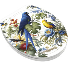 Toiletbril met tropisch motief van papegaaien, exotische vogels, monstera-bladeren en bloemen.