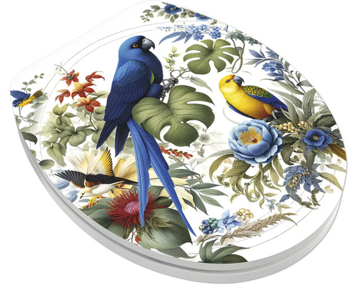 Toiletbril met tropisch motief van papegaaien, exotische vogels, monstera-bladeren en bloemen.