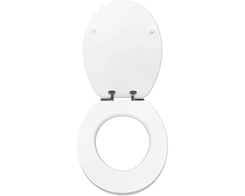 Witte toiletzitting met deksel en metalen scharnieren in geopende stand.