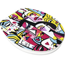 Toiletbril met pop-art motief, abstracte gezichten en geometrische vormen.
