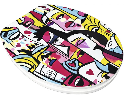 Toiletbril met pop-art motief, abstracte gezichten en geometrische vormen.