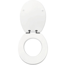 Toiletzitting met deksel en metalen scharnieren, wit, ovale vorm.