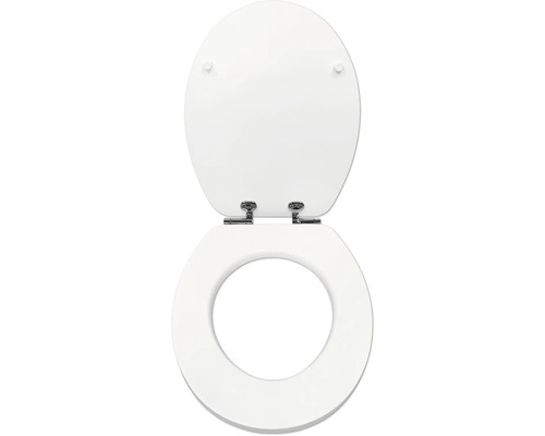 Toiletzitting met deksel en metalen scharnieren, wit, ovale vorm.