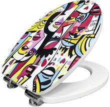 Toiletzitting met kleurrijk abstract gezichtendessin op het deksel en metalen scharnieren.