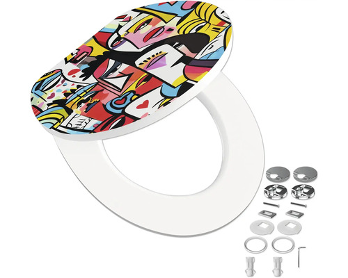 Toiletbril met deksel in kleurrijk pop-art design inclusief bevestigingsmateriaal