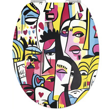 Toiletbril met abstract pop art ontwerp met kleurrijke gestileerde gezichten en dikke contouren.