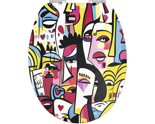 Toiletbril met abstract pop art ontwerp met kleurrijke gestileerde gezichten en dikke contouren.