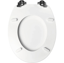 Onderzijde van een toiletzitting met scharnieren en stootbuffers.