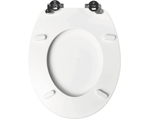 Onderzijde van een toiletzitting met scharnieren en stootbuffers.