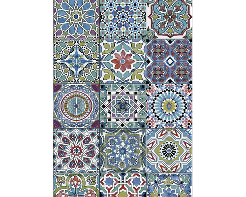 Tegels in patchwork-stijl met verschillende oriëntaalse geometrische en florale patronen.