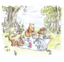 Aquarelillustratie van Winnie de Poeh en zijn vriendjes die picknicken in het bos met Teigetje, Iejoor, Knorretje, Konijn en Roe.