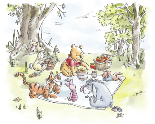 Aquarelillustratie van Winnie de Poeh en zijn vriendjes die picknicken in het bos met Teigetje, Iejoor, Knorretje, Konijn en Roe.