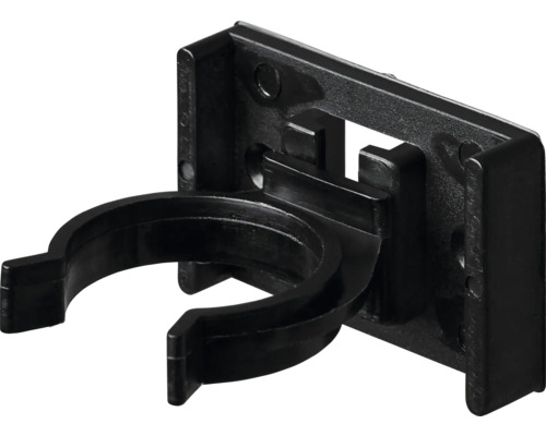 Buisclip van zwart kunststof met rechthoekige montageplaat.