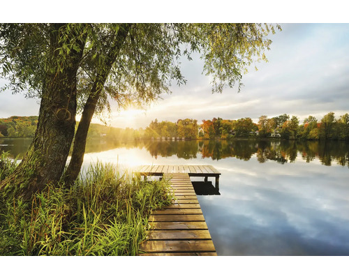 Vliesbehang met een houten steiger aan een meer bij zonsondergang met bomen.