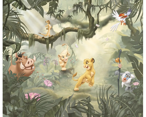 Fotobehang met Disney personages uit De Leeuwenkoning: Simba, Nala, Timon, Pumbaa, Rafiki en Zazu in een junglelandschap.