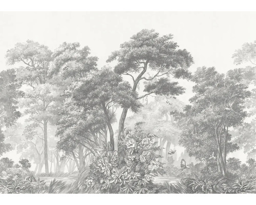 Vliesbehang met bosmotief in vintagestijl, gedetailleerde tekening van bomen, bloemen en vogels in grijstinten.