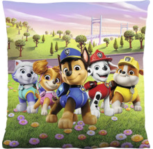 Sierkussen Paw Patrol met afbeelding van Chase, Marshall, Rubble, Skye en Everest in een bloemenweide.