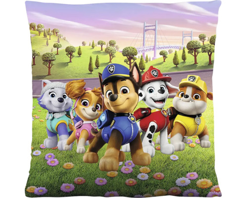 Sierkussen Paw Patrol met afbeelding van Chase, Marshall, Rubble, Skye en Everest in een bloemenweide.