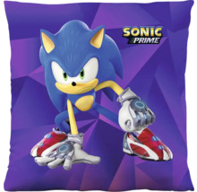 Vierkant sierkussen Sonic Prime met Sonic in actiehouding en Sonic Prime Logo.