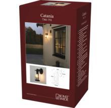 Productverpakking van de Konstsmide buitenwandlamp Catania met sfeerbeeld, detailfoto en maatschets van de 27 centimeter hoge lamp.